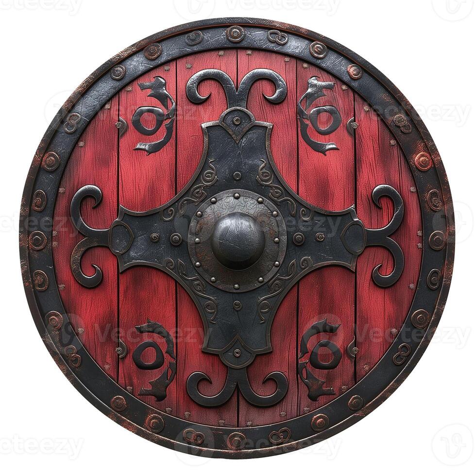 A striking round shield featuring intricate black metal designs on a vivid red wooden surface. photo