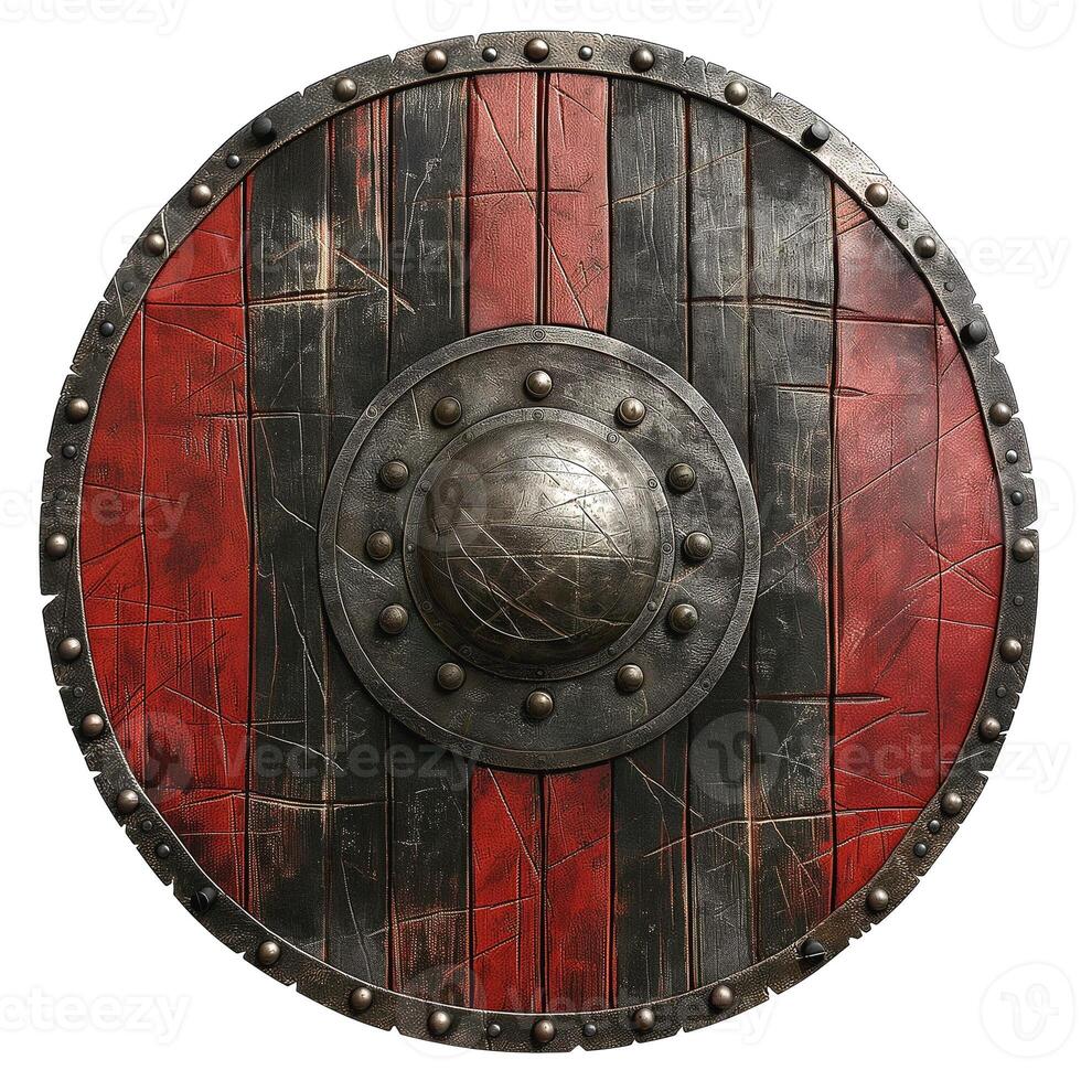 A detailed, round wooden shield with a metallic center, featuring red and black stripes, showcasing battle-worn textures. photo
