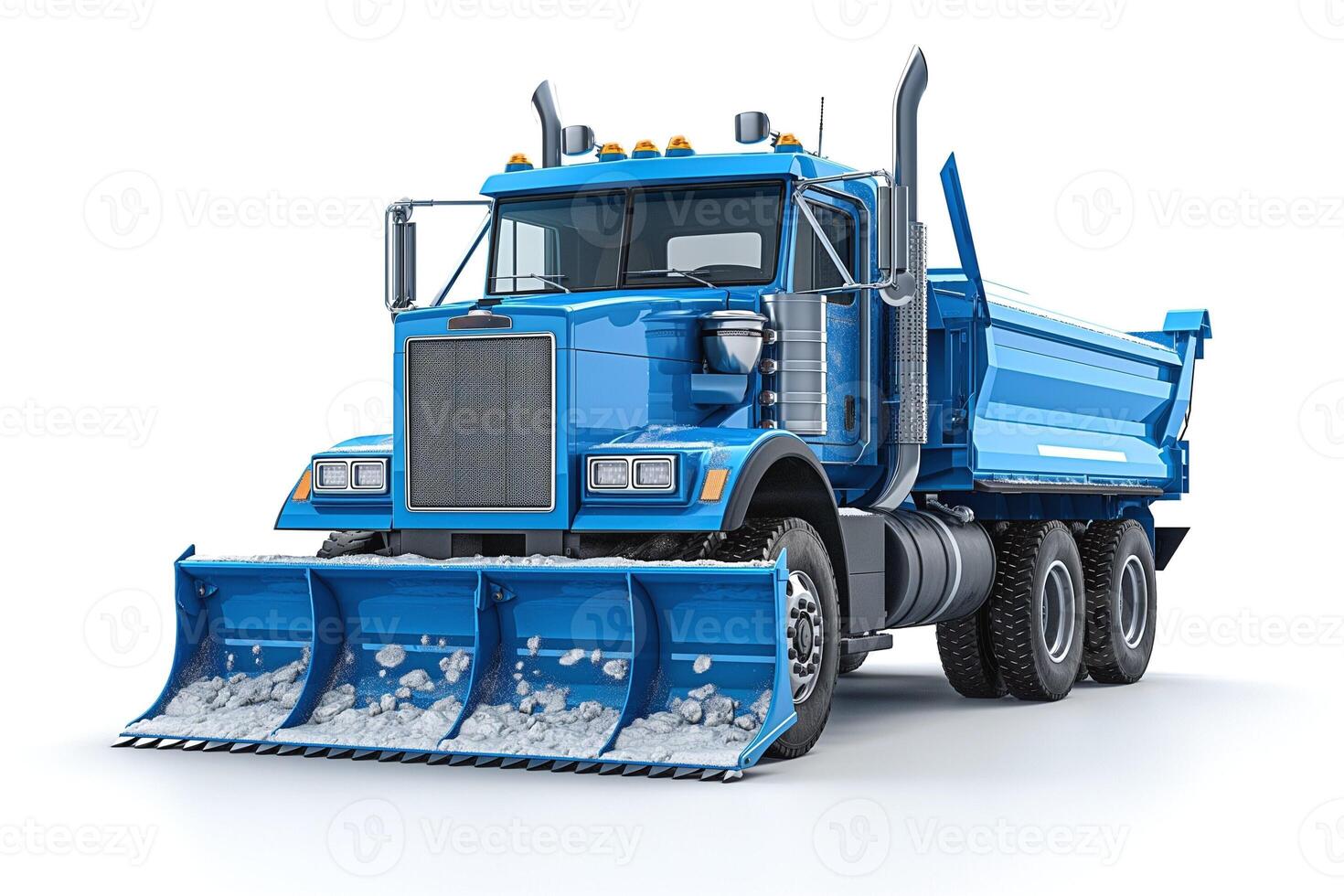 A blue snowplow truck ready for winter operations, featuring a large, front-mounted plow blade. photo