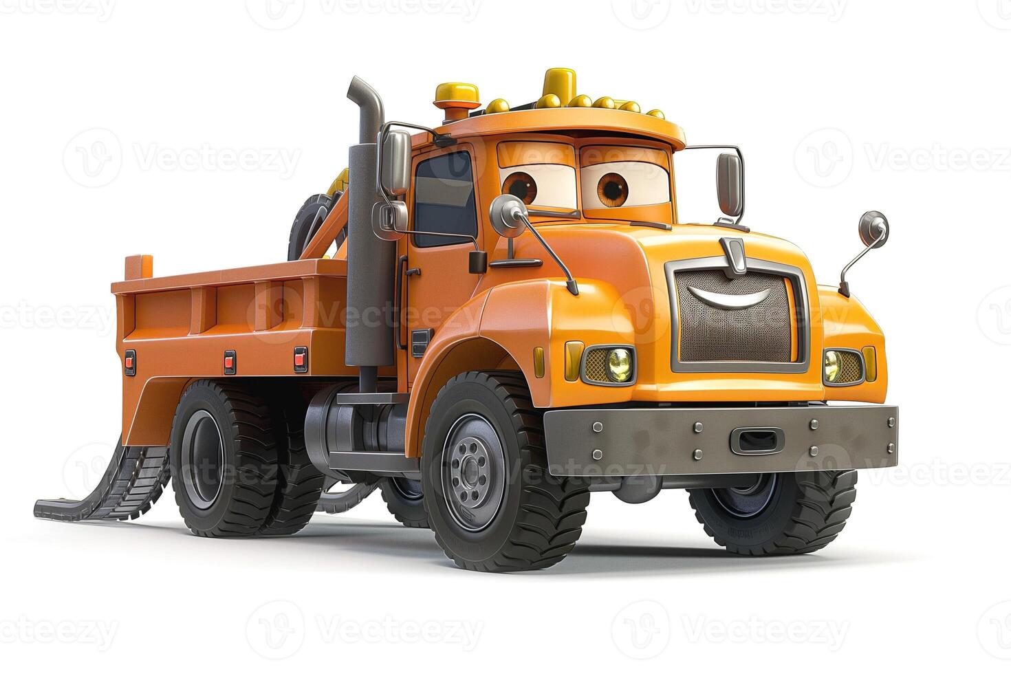 A cheerful orange cartoon dump truck with large eyes and a friendly smile, ready for construction fun. photo