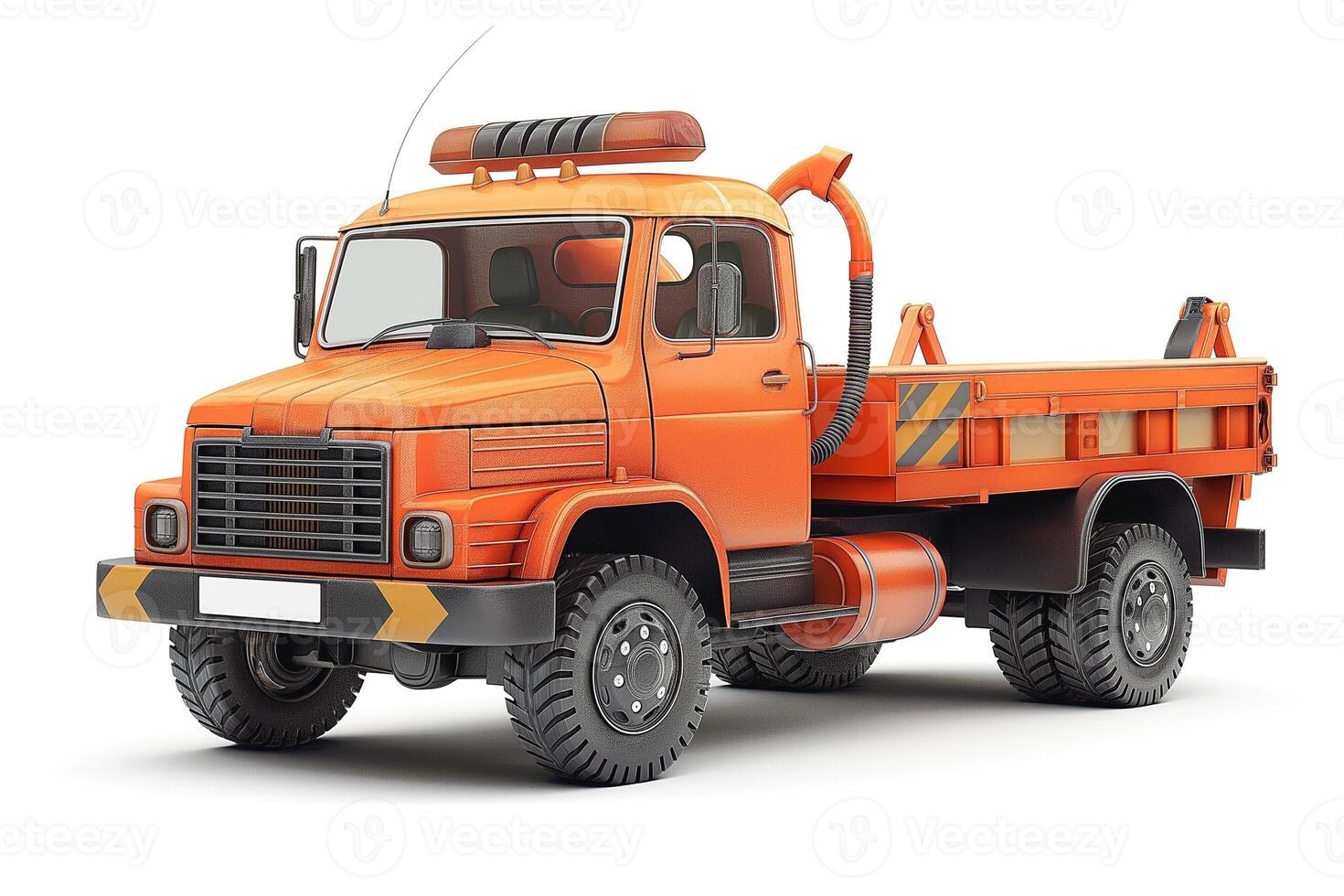 An orange utility truck with a distinctive design, featuring large tires and a flatbed for hauling cargo. photo