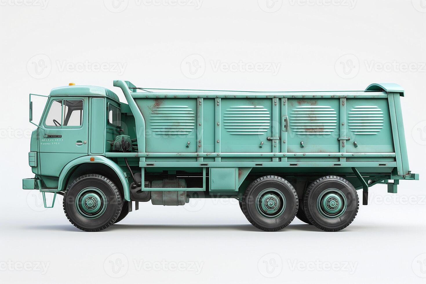 Vintage teal garbage truck showcasing a classic design and weathered details. photo