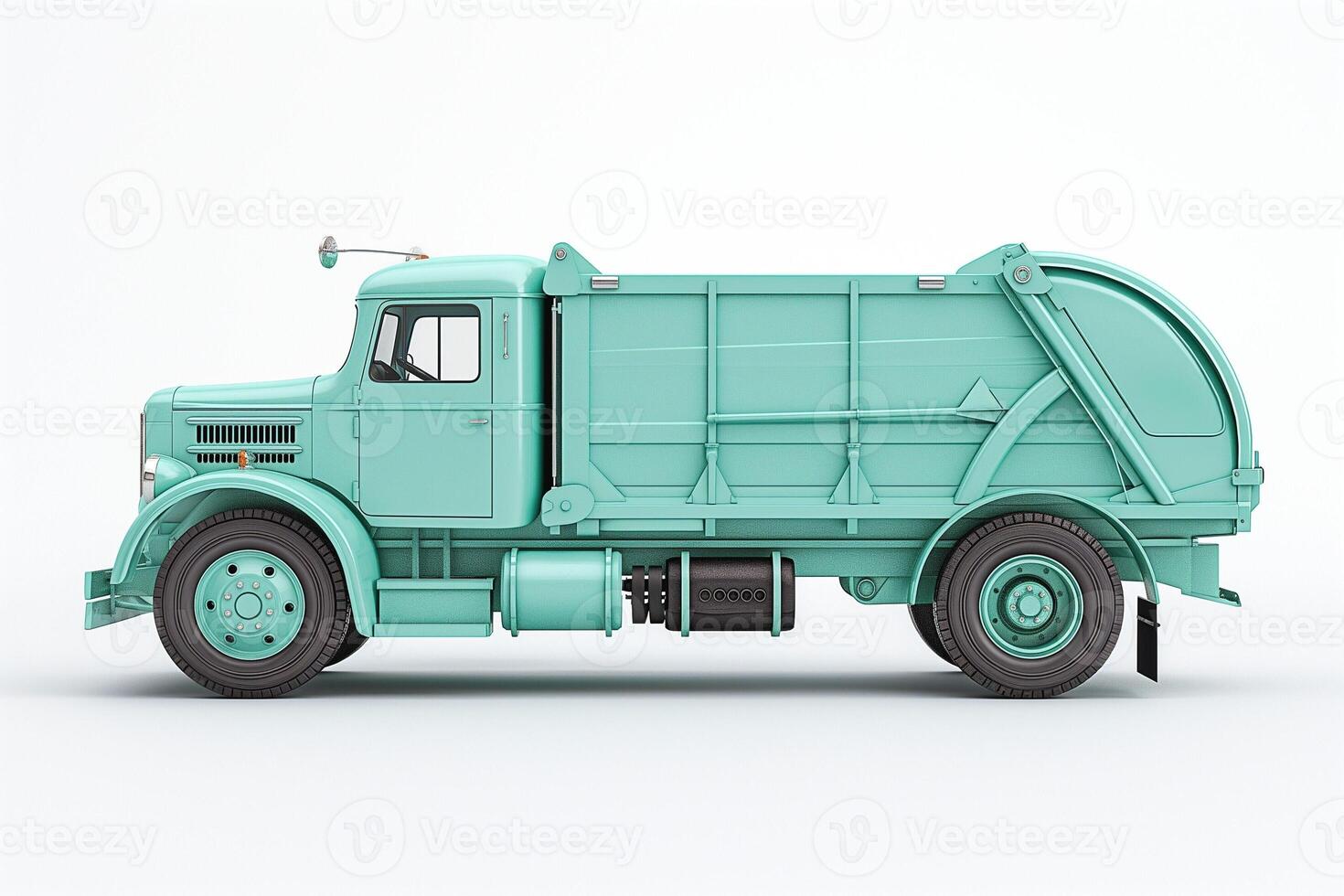 Vintage turquoise garbage truck showcasing retro design and charm. photo