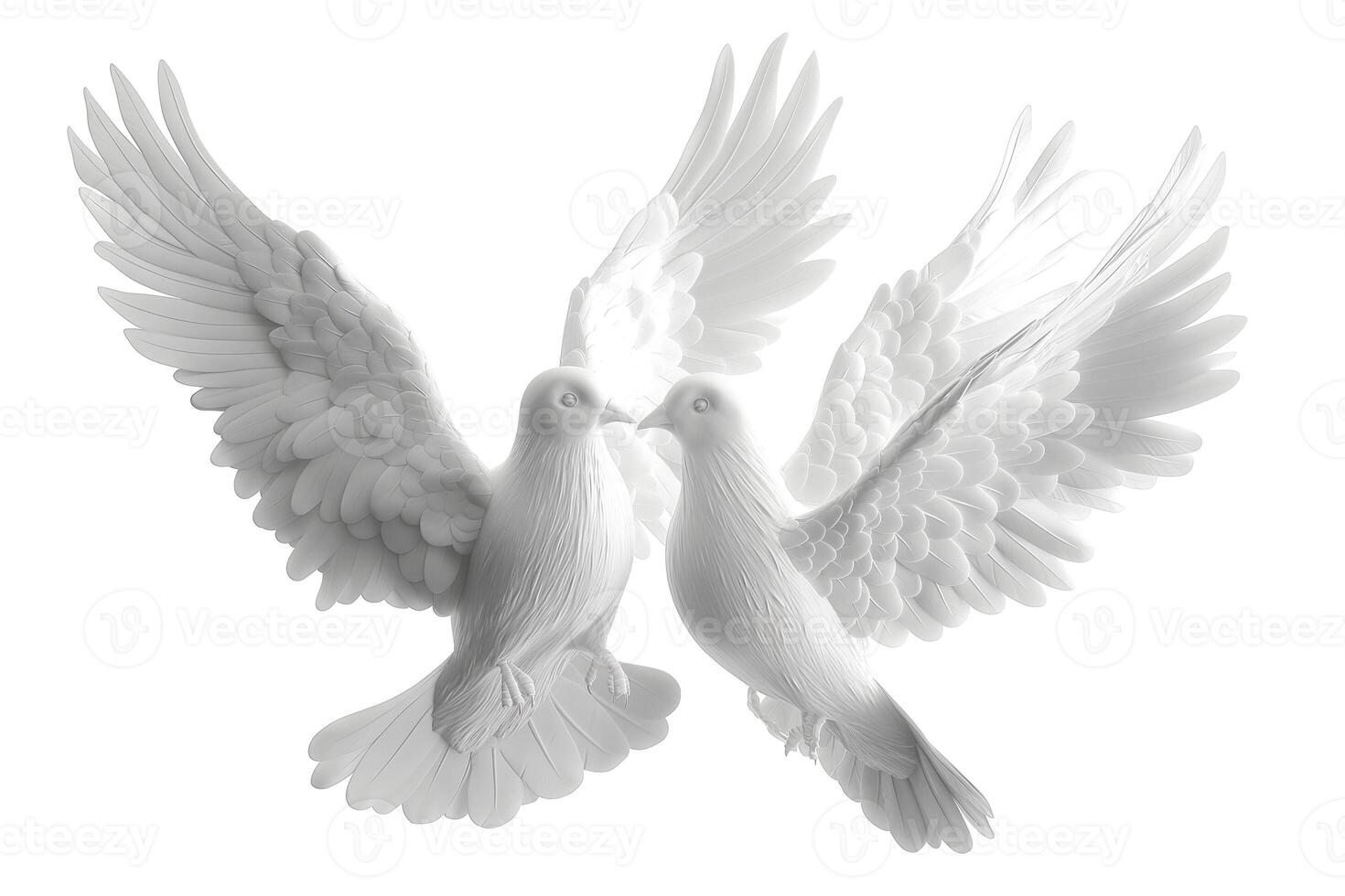 Two elegant white doves gracefully touching beaks, symbolizing love and peace. photo