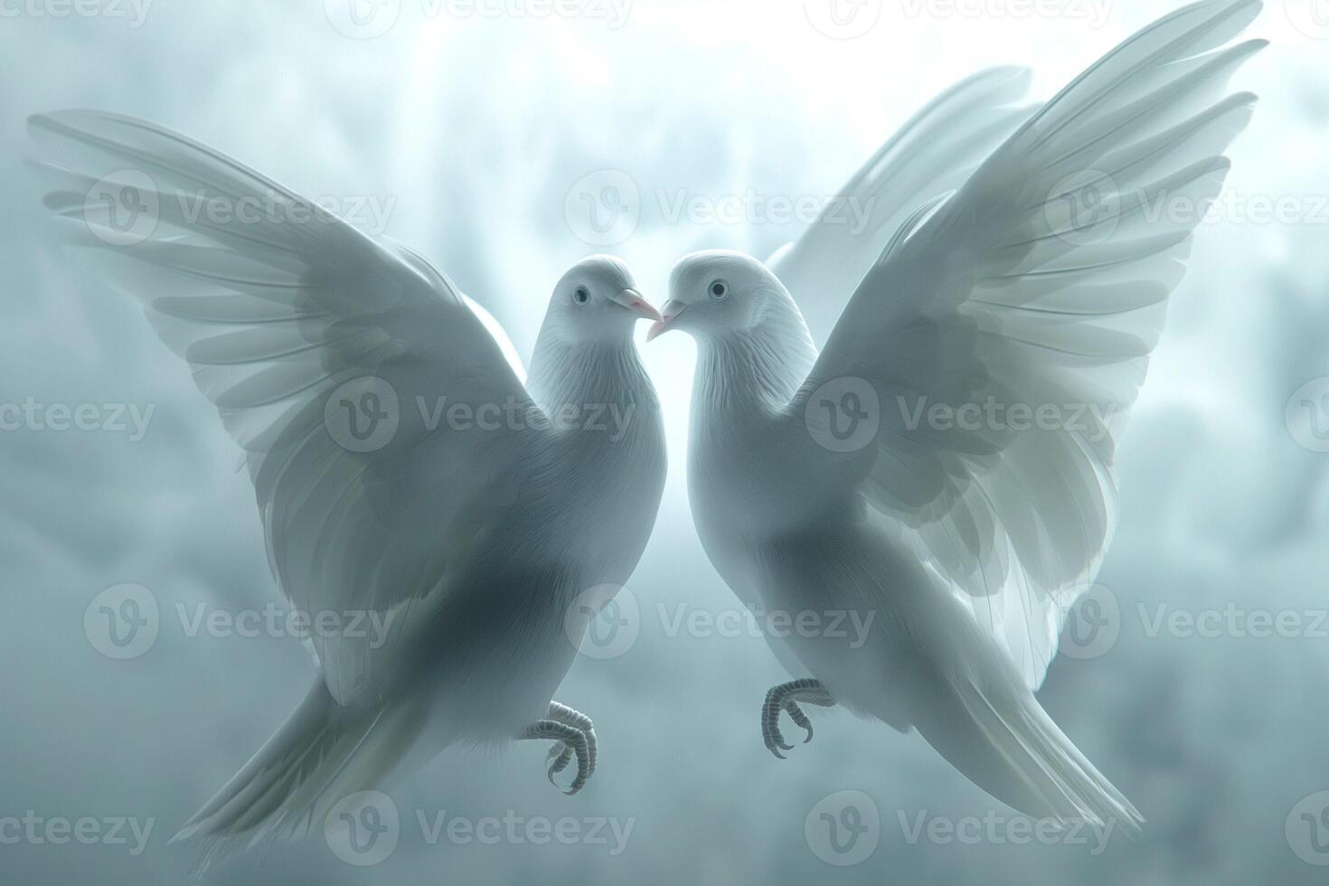 Two graceful white doves in mid-air against a soft, ethereal background, symbolizing peace and love. photo