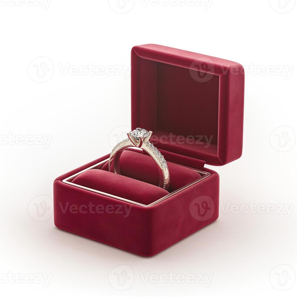 Elegant diamond engagement ring displayed in a luxurious red velvet box. photo