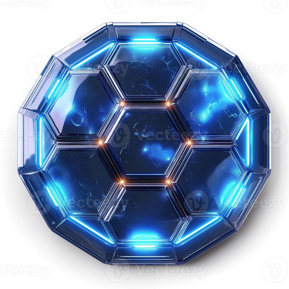 A futuristic hexagonal design featuring glowing blue elements, ideal for tech or gaming backgrounds. photo