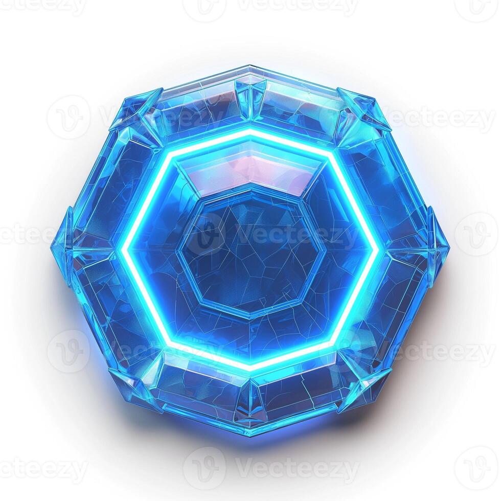 A captivating blue hexagonal crystal design with glowing edges on a white background, radiating a futuristic vibe. photo