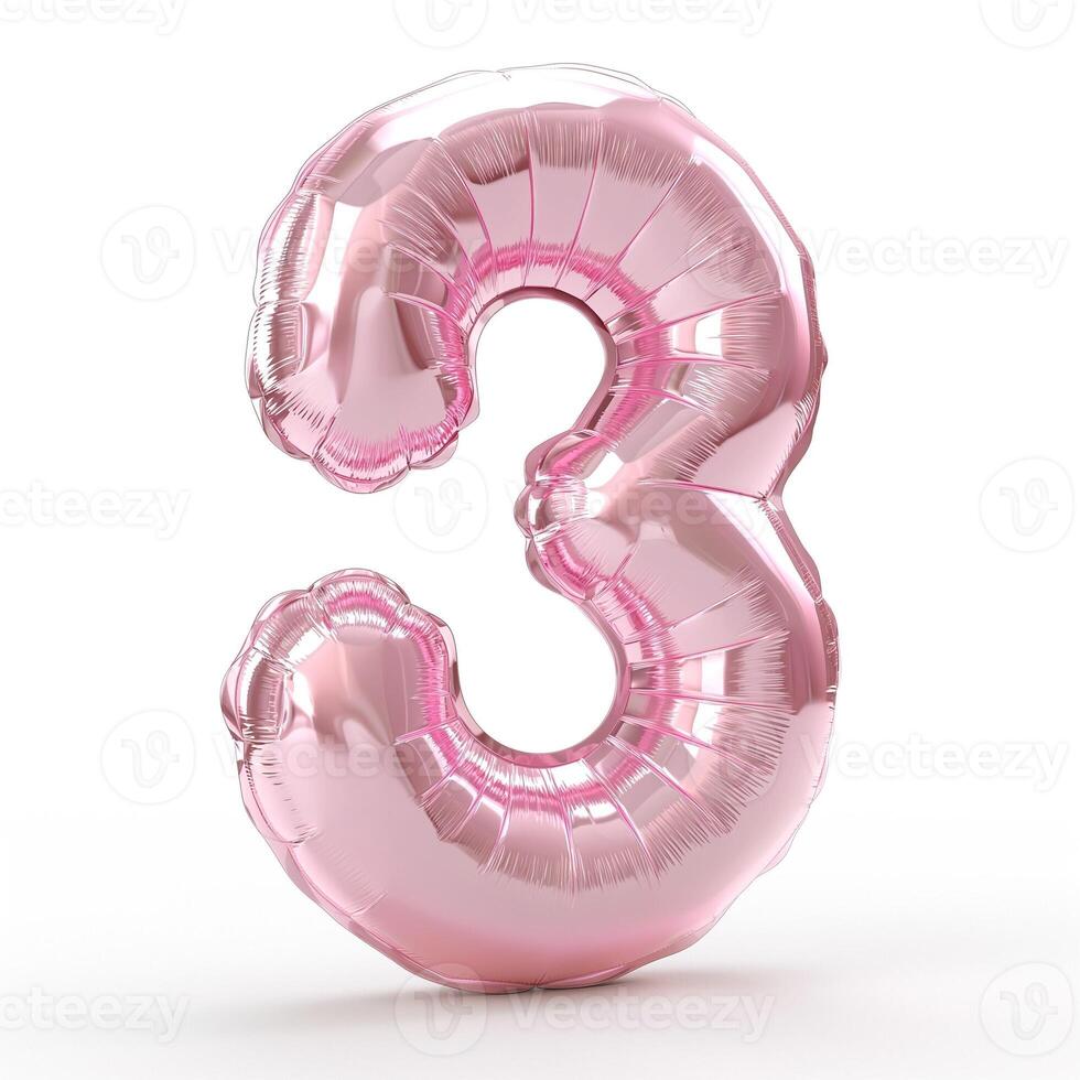 A shiny pink helium balloon shaped like the number three, perfect for celebrations. photo