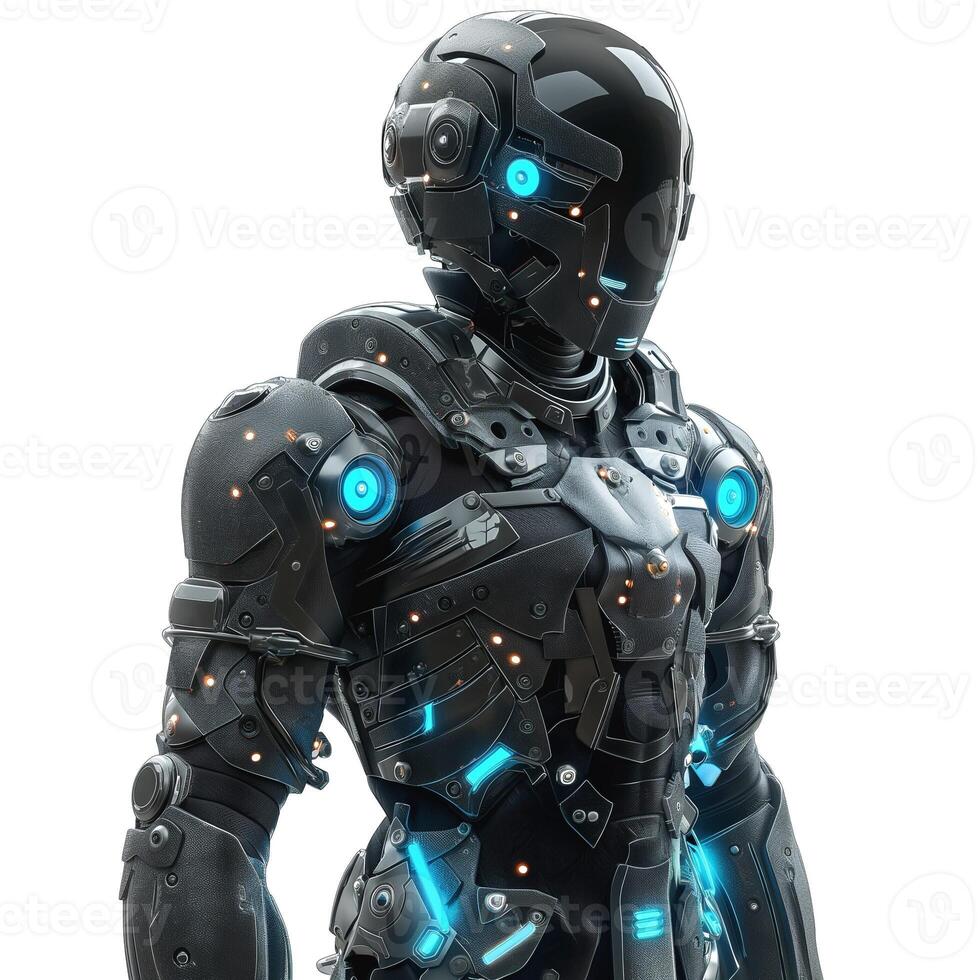 Futuristic humanoid robot with glowing blue accents and a sleek black design, exuding a sense of advanced technology. photo