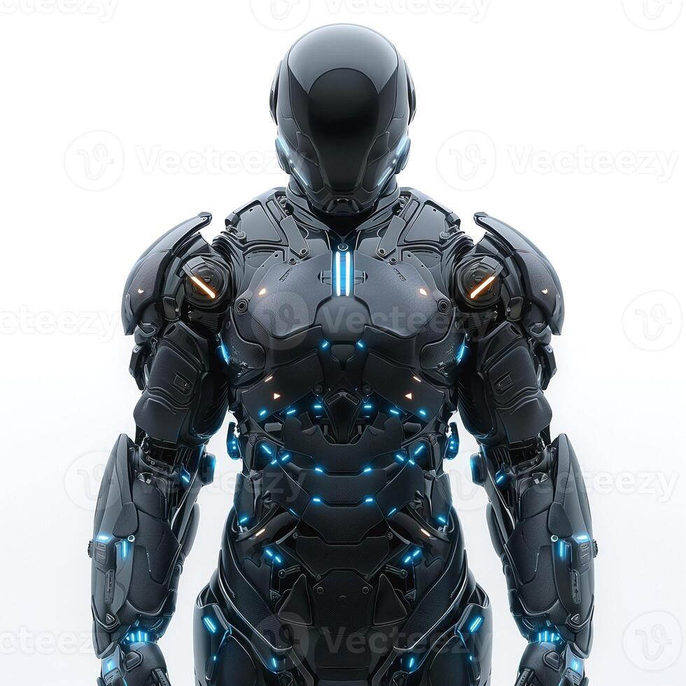 Futuristic robotic figure with sleek black armor and glowing blue accents, designed for advanced technology themes. photo