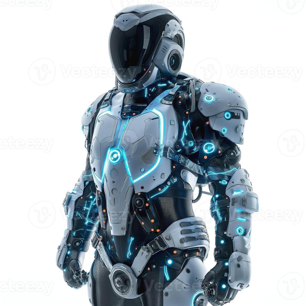 Futuristic humanoid robot with glowing blue accents, showcasing advanced technology and sleek design. photo