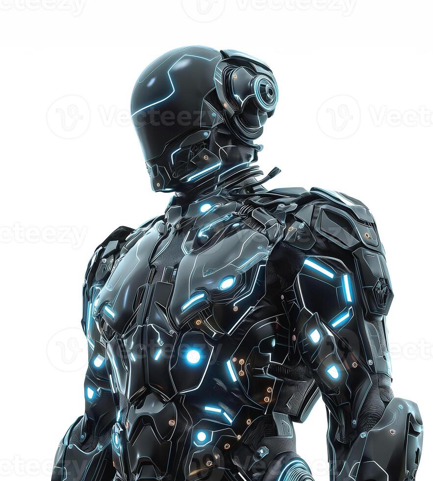 Futuristic humanoid robot with sleek armor and glowing blue accents, evoking a sense of advanced technology. photo