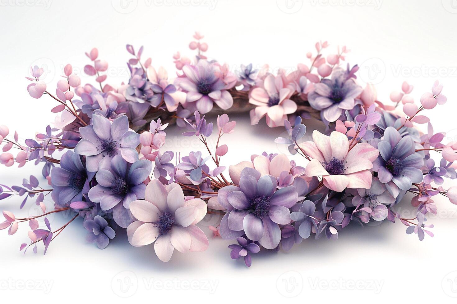 A beautiful floral wreath featuring delicate purple and pink flowers, creating an elegant and serene atmosphere. photo