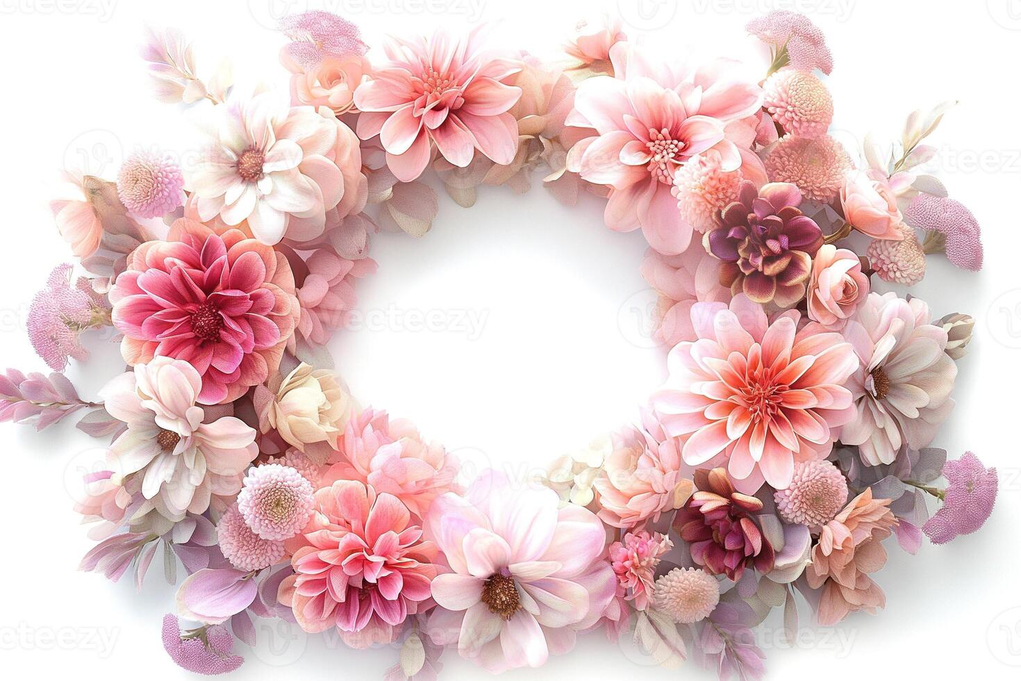 A stunning circular floral arrangement featuring various pink flowers, creating a soft and elegant aesthetic. photo
