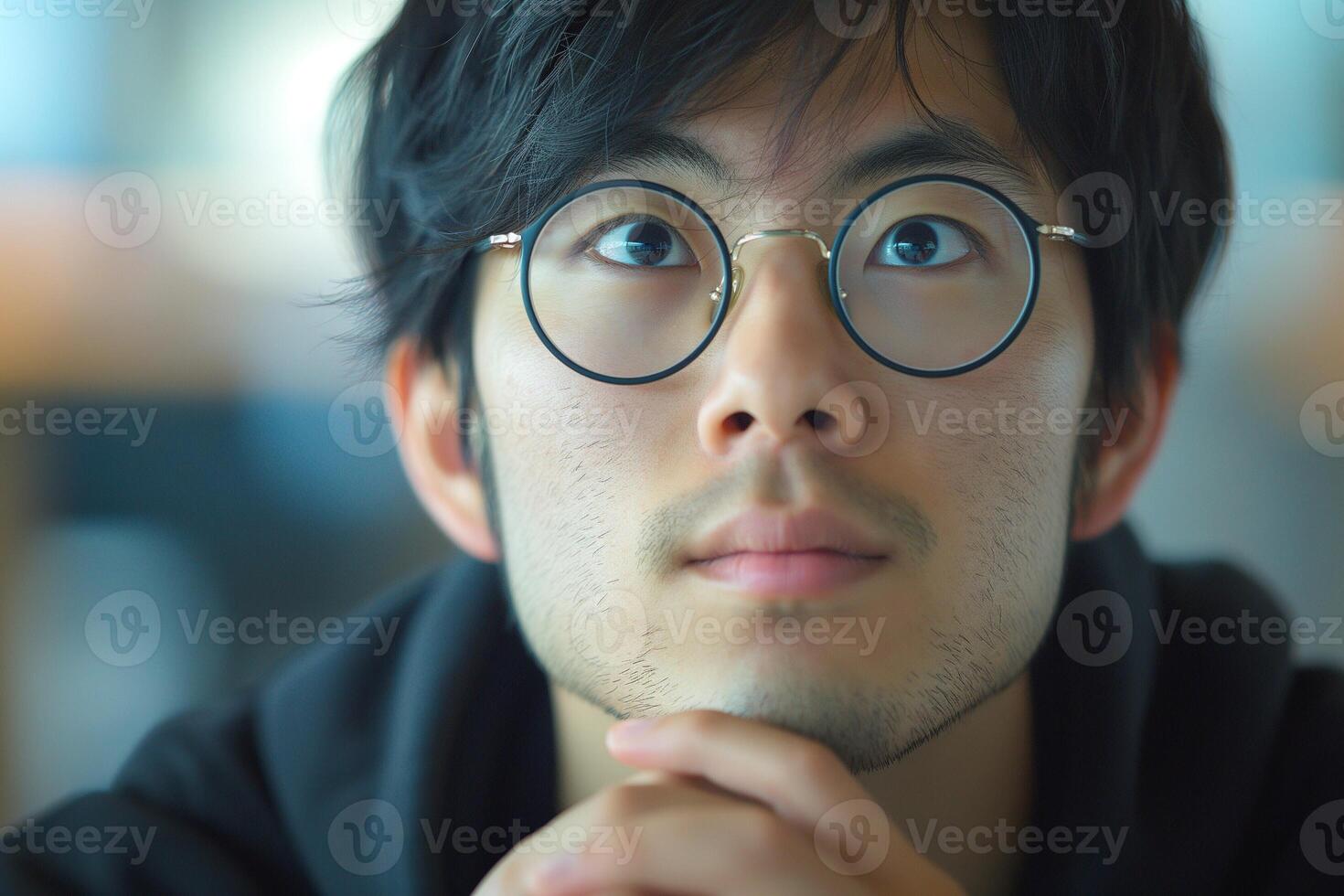 A young Asian man with glasses looks thoughtfully upwards, expressing curiosity and contemplation. photo