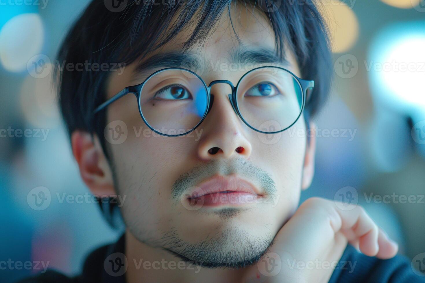 A thoughtful young Asian man wearing glasses gazes upward, lost in contemplation against a softly blurred background. photo