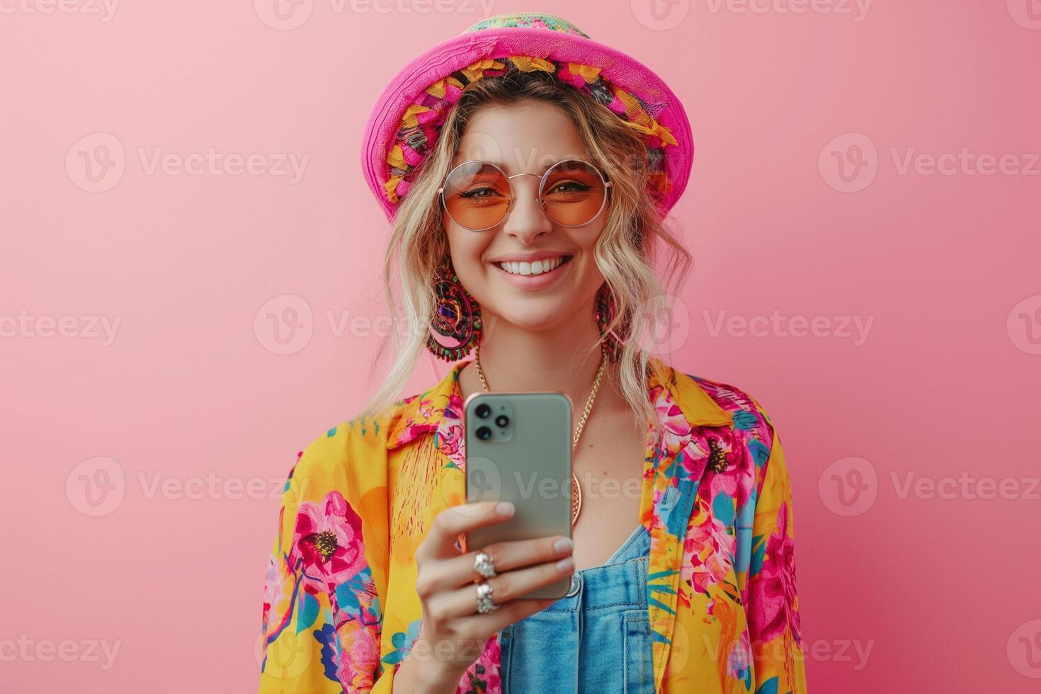A cheerful young woman of Hispanic descent smiles brightly, wearing vibrant floral attire and a colorful hat against a pink background. photo