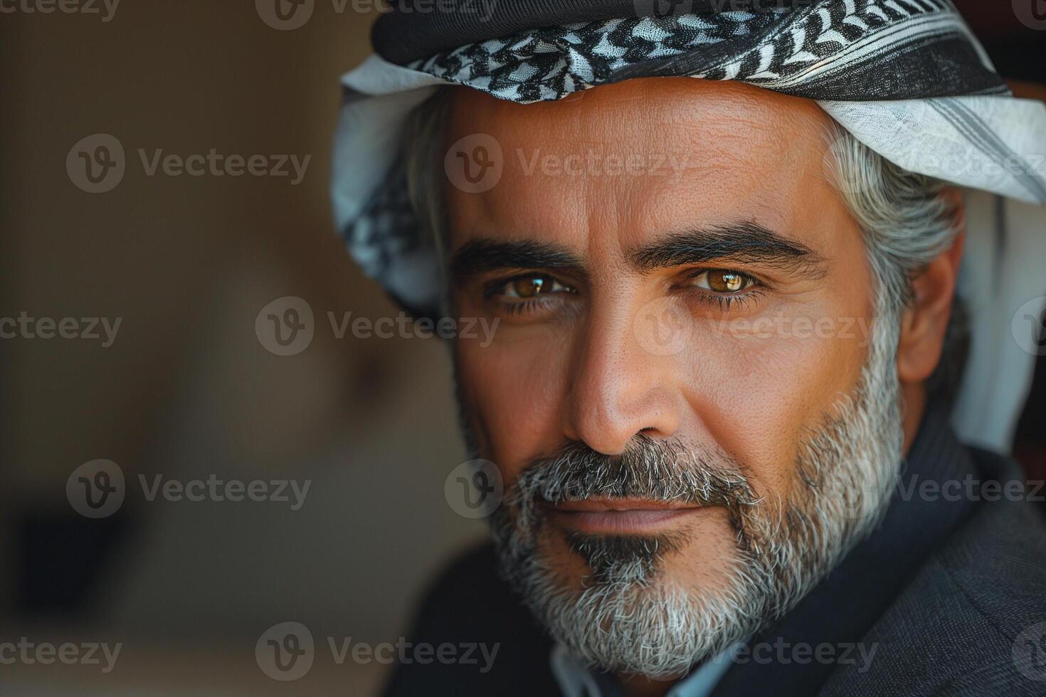 A confident Middle-Eastern man with a beard, wearing traditional attire and a headscarf, gazes thoughtfully at the camera. photo