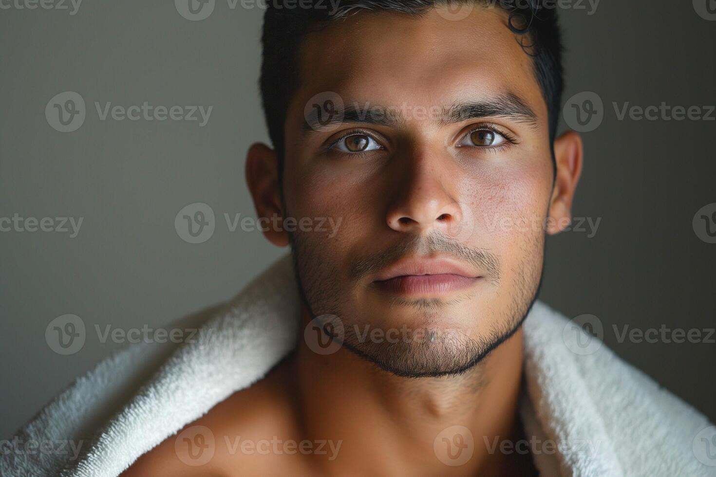Close-up portrait of a young Hispanic man with piercing eyes, wrapped in a white towel, showcasing a calm and introspective mood. photo