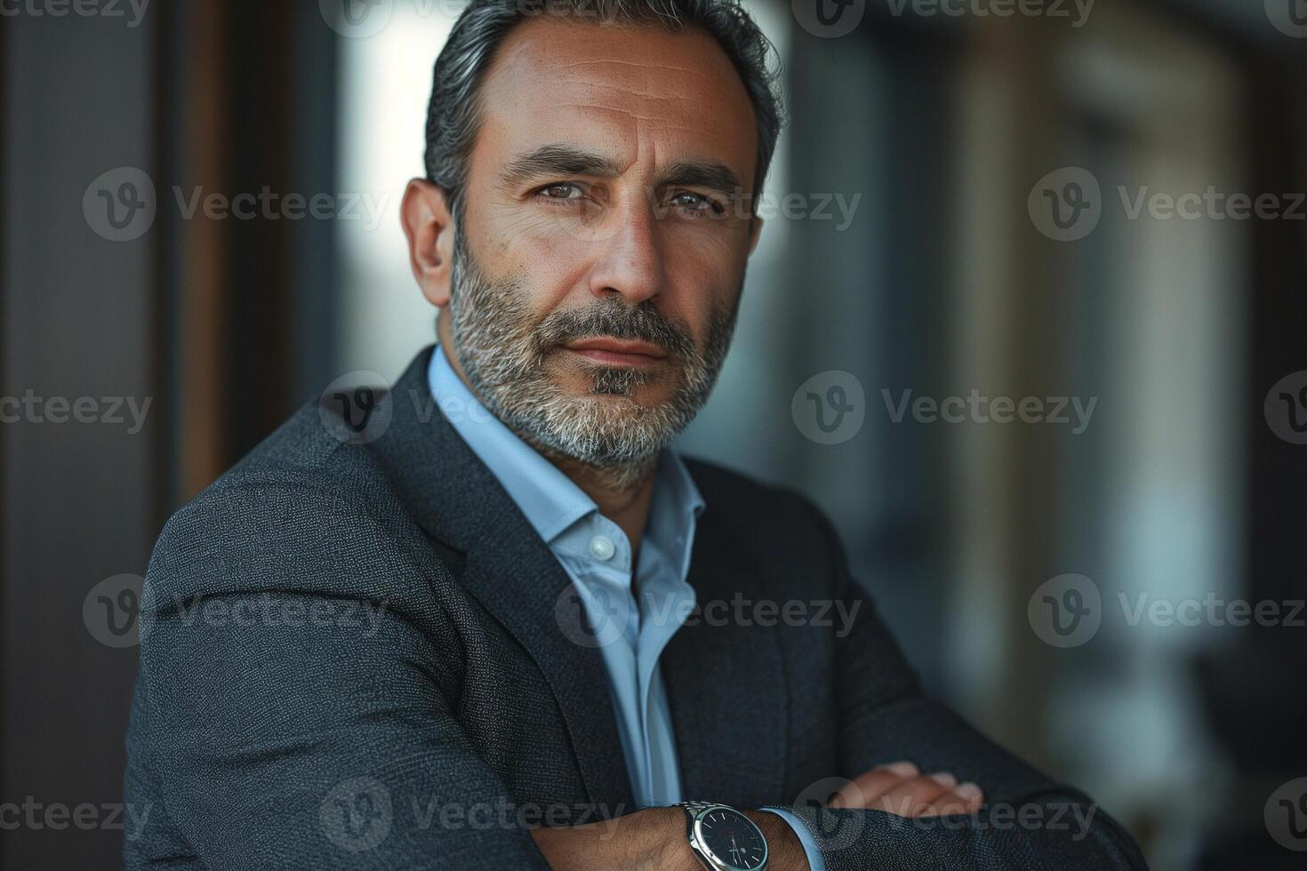 Confident Middle-Eastern man with a beard in a smart suit, exuding professionalism and self-assurance. photo