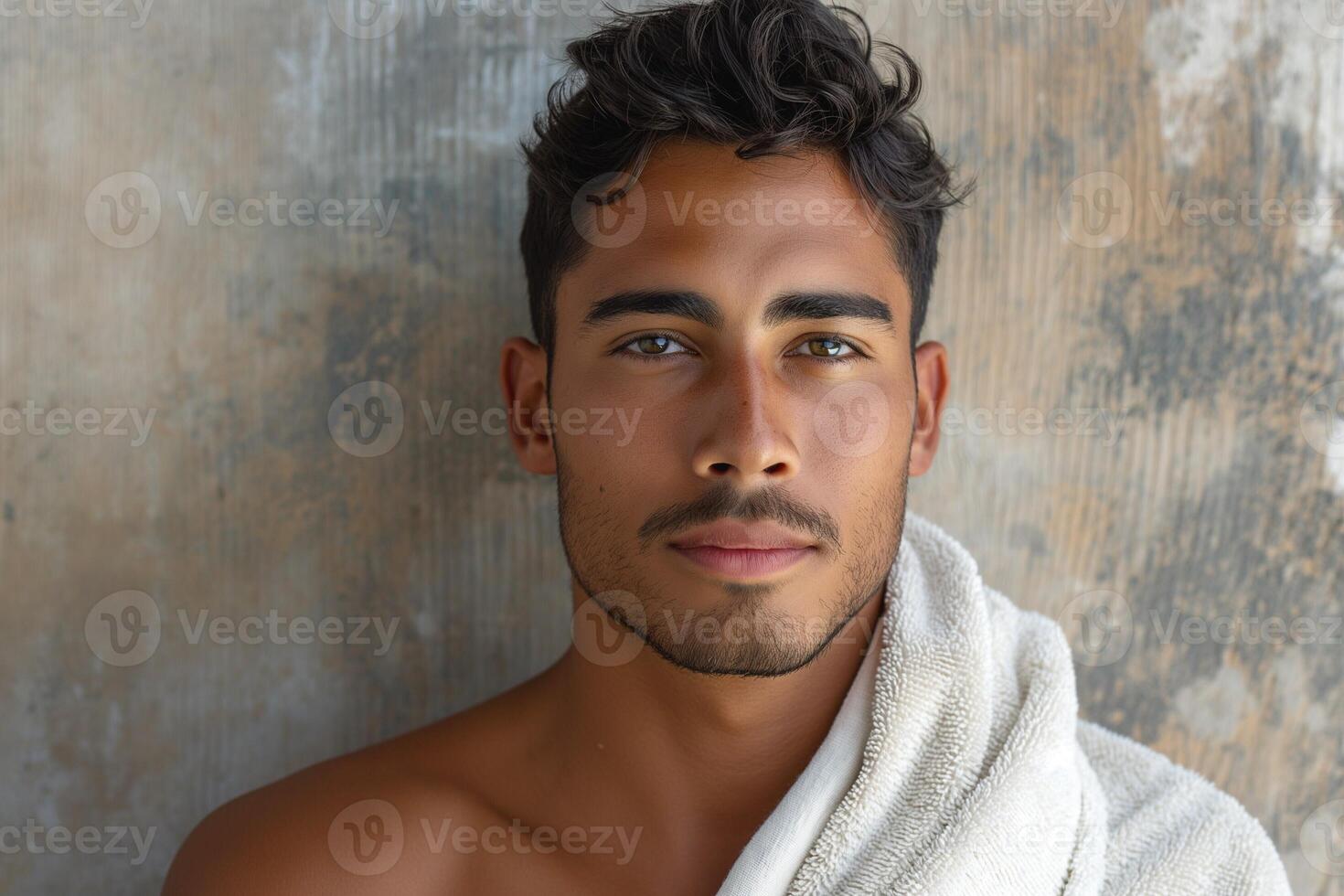 A young Hispanic man with curly hair poses confidently, wrapped in a towel against a textured background. photo