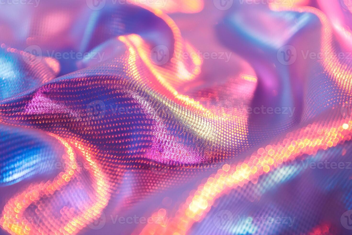 Close-up of shimmering fabric with a blend of pastel colors, creating an ethereal and dreamy aesthetic. photo