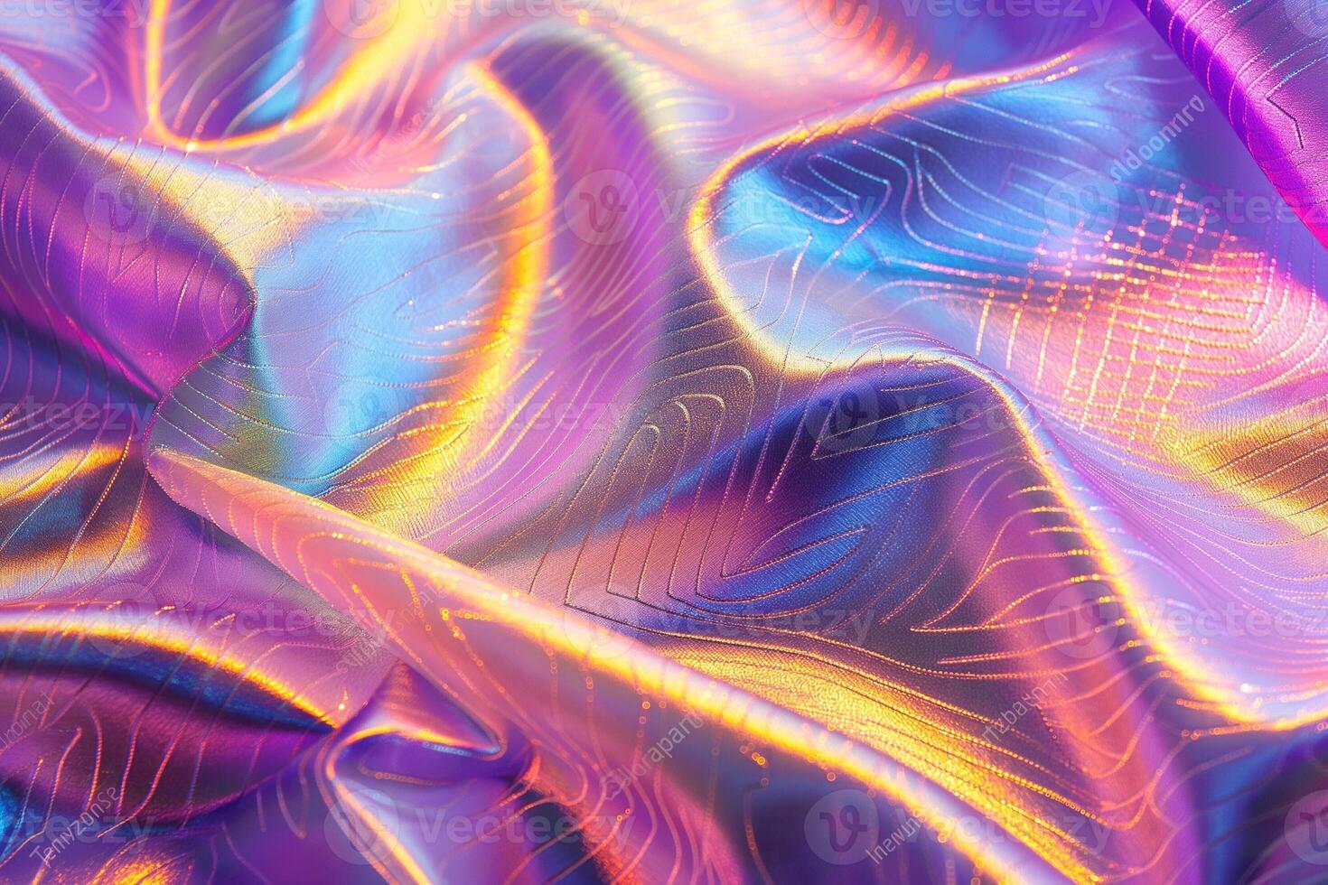 Intricate folds of shimmering fabric showcasing vibrant purples, blues, and gold hues. photo
