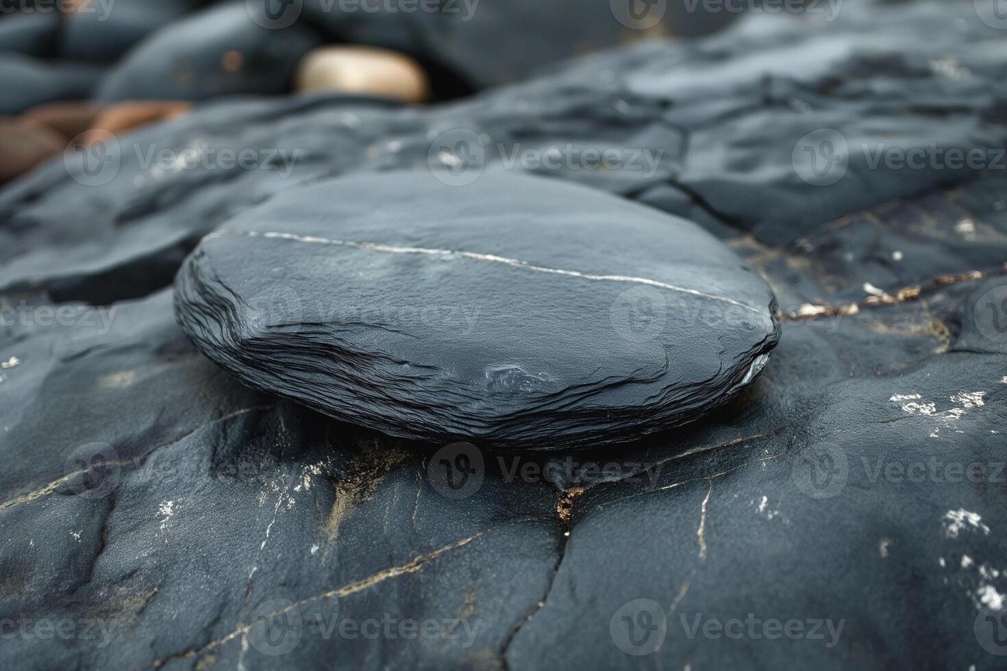 Close-up of a smooth, black stone sitting on textured rocks, showcasing natural beauty and intricate patterns. photo