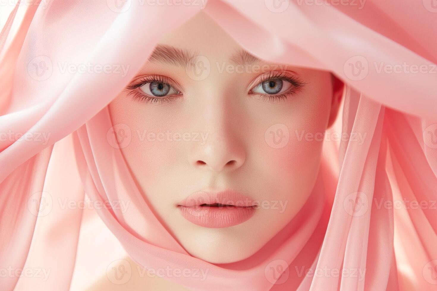 A close-up of a young Caucasian female with soft features, draped in delicate pink fabric creating an ethereal look. photo
