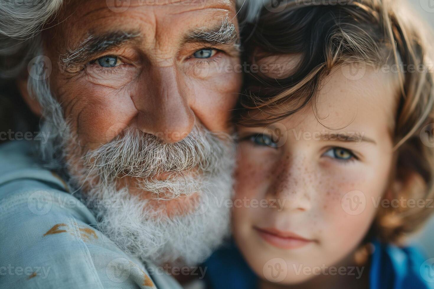 A tender moment between a Caucasian grandfather and grandson, showcasing love and connection with warm smiles and blue eyes. photo