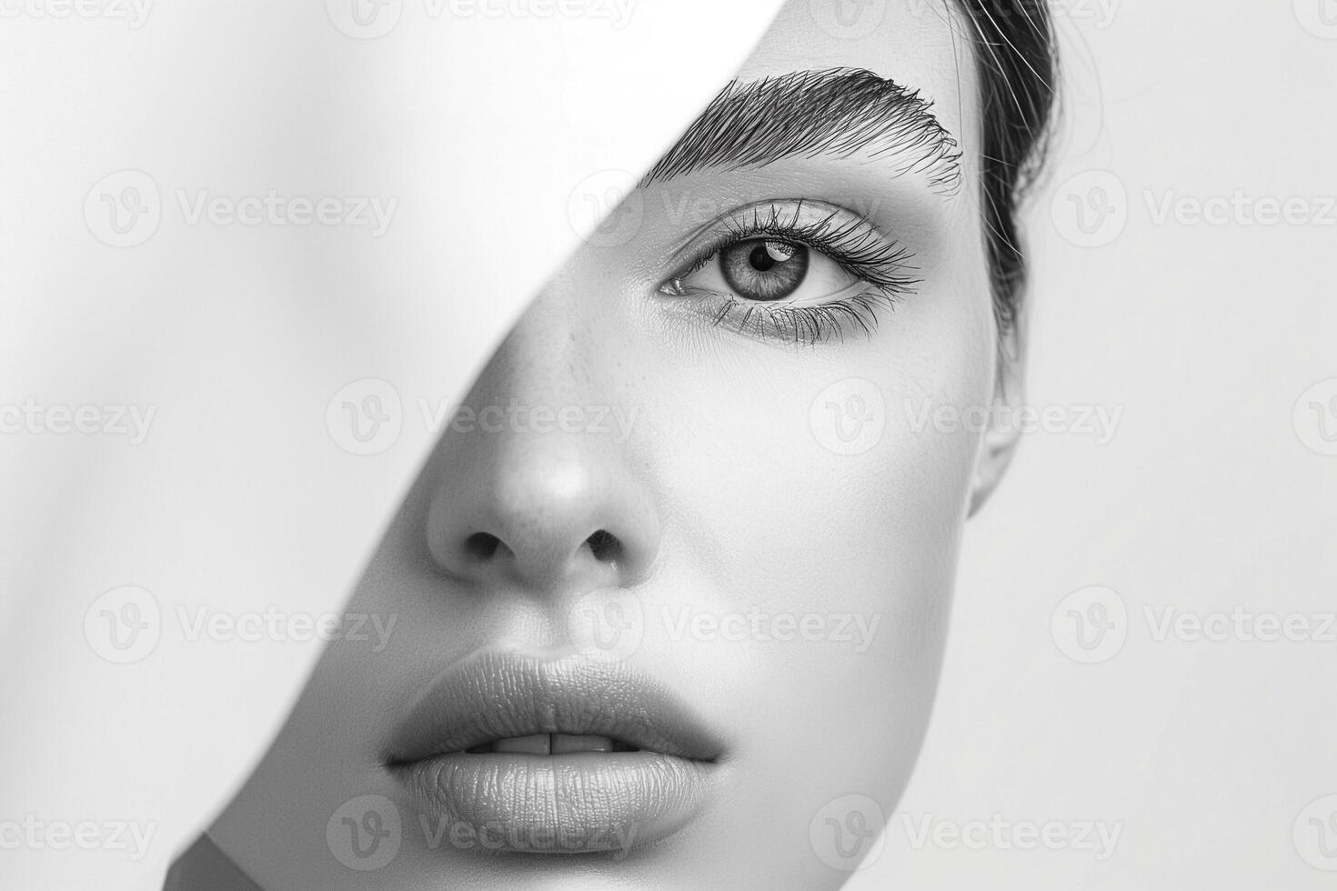 A close-up of a young Caucasian woman with striking eyebrows and a soft gaze, partially hidden by a flowing fabric. photo