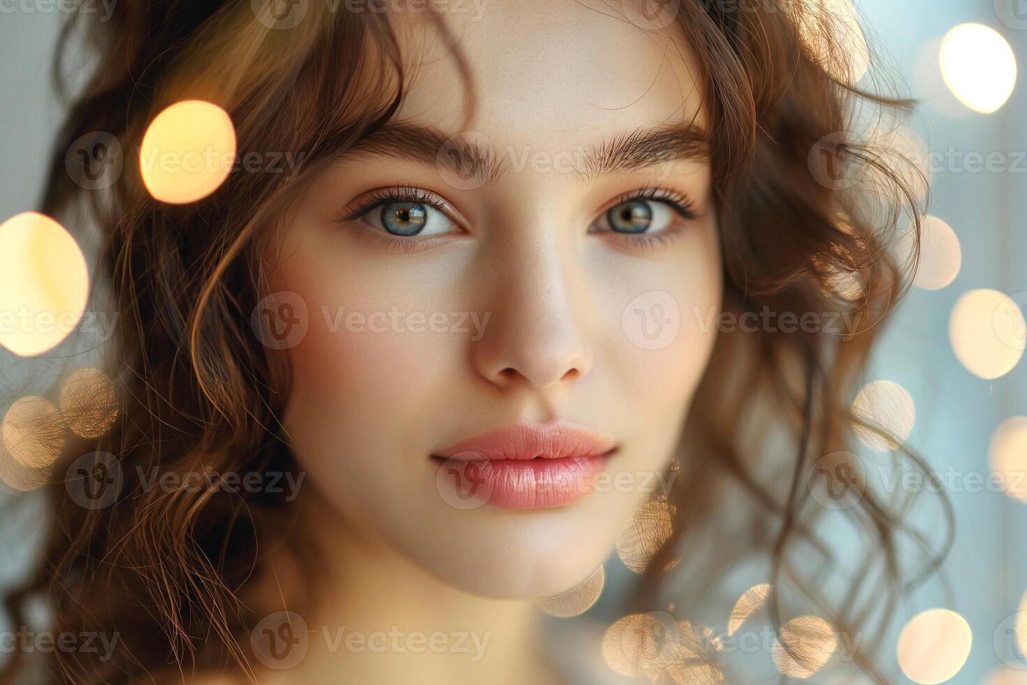 A young Caucasian woman with curly hair and captivating blue eyes, softly illuminated by warm bokeh lights. photo