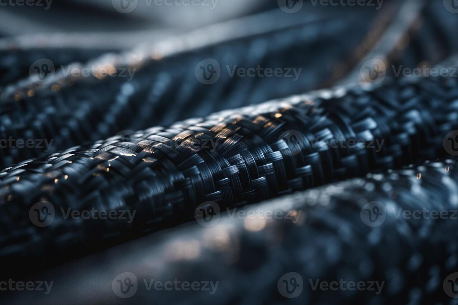 Close-up of textured black woven fibers, showcasing intricate patterns and reflections. photo