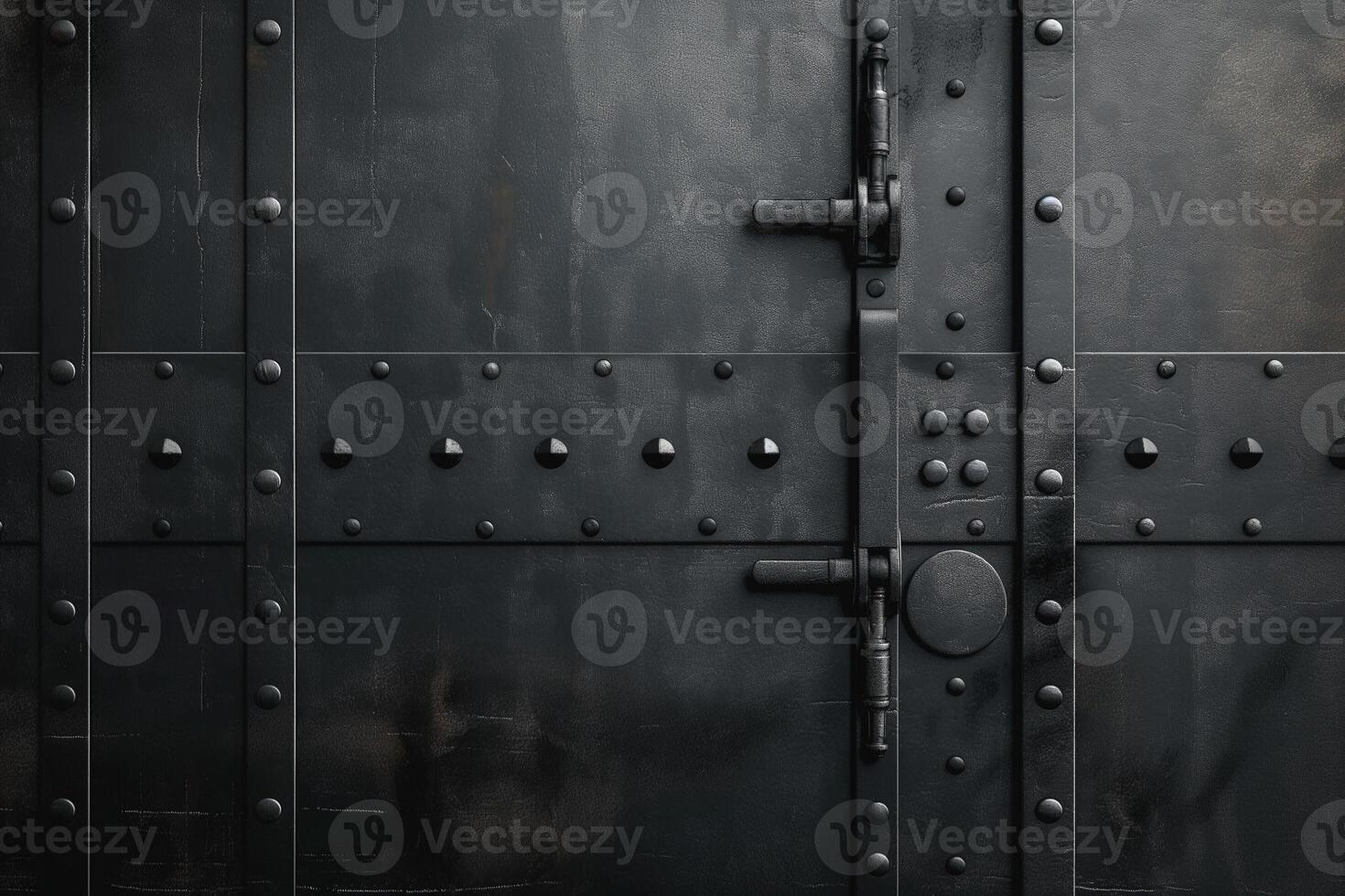A close-up view of an industrial black metal door with rivets and a sturdy latch, showcasing a rugged and secure design. photo