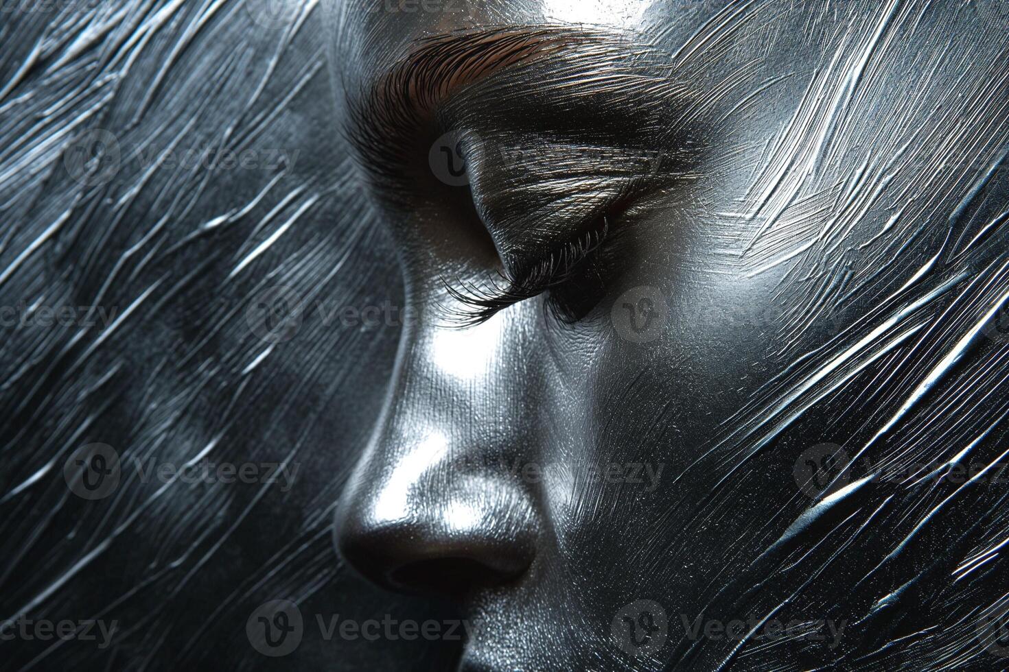Close-up of a beautifully sculpted face with metallic finish, highlighting intricate details and textures in a stunning artistic expression. photo