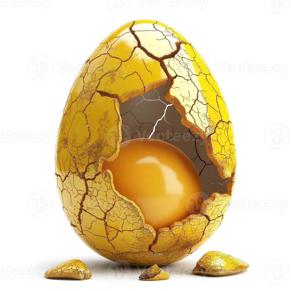 A vibrant yellow egg, cracked open to reveal a glossy yolk, symbolizes new beginnings and creativity. photo