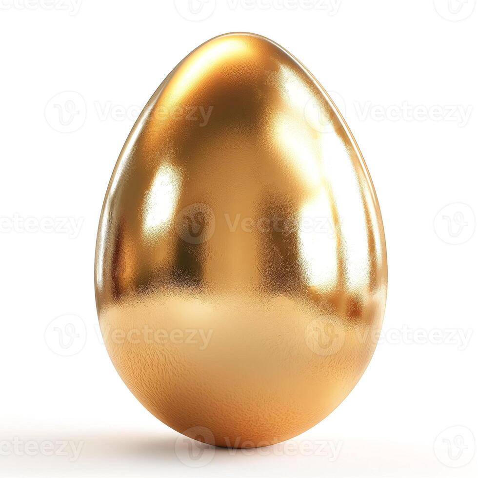 A shiny, reflective golden egg resting on a white background, embodying luxury and elegance. photo