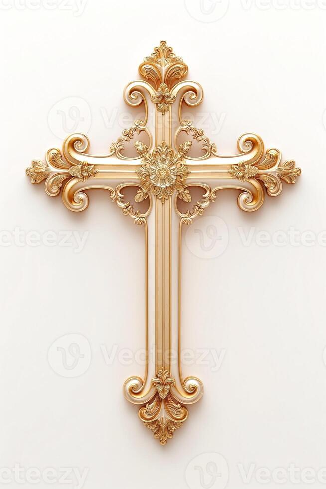 An ornate golden cross with intricate designs showcased on a plain background. photo