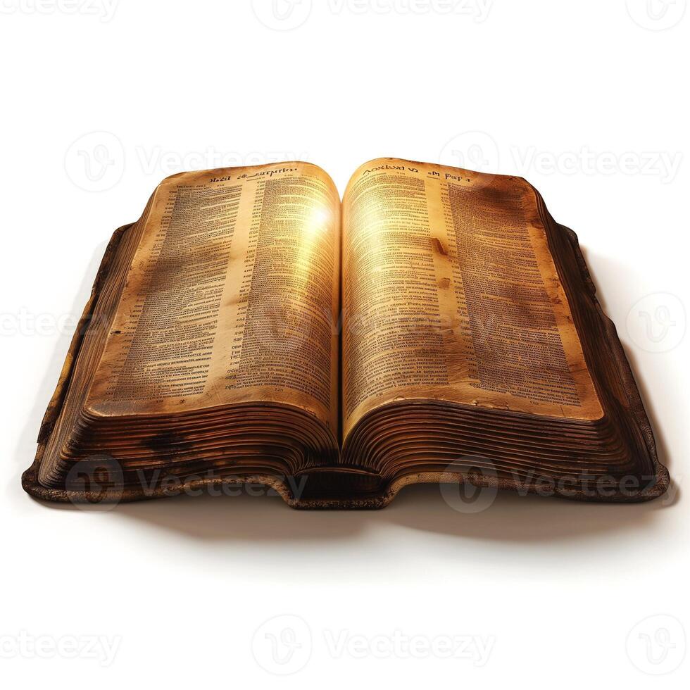 An ancient, open book with yellowed pages and a warm glow, symbolizing knowledge and history. photo