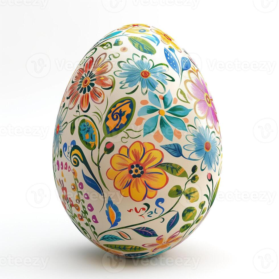 A beautifully decorated egg featuring intricate floral patterns in vibrant colors. photo