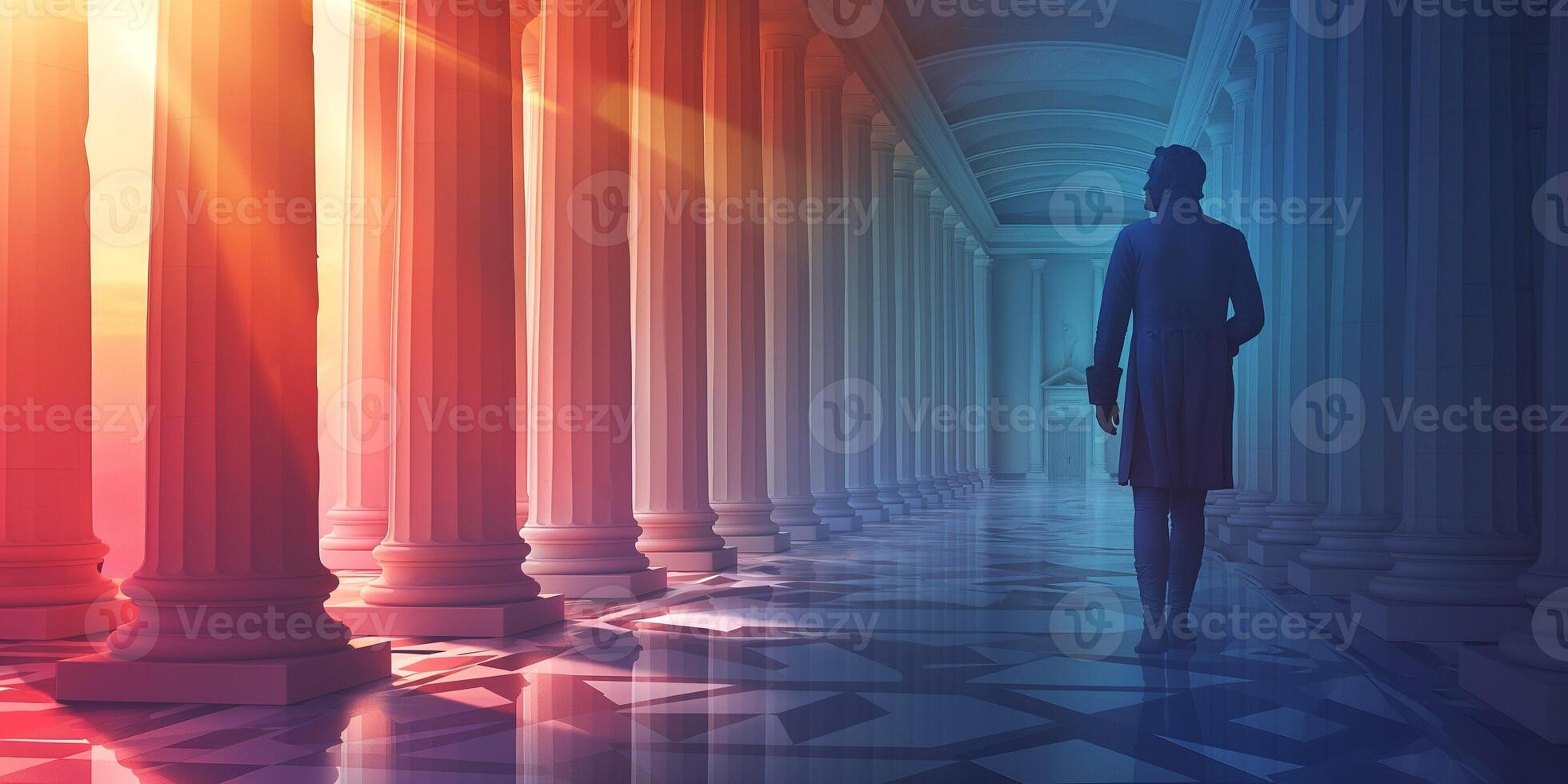 A silhouetted figure walks through a stunningly lit ancient corridor with tall, elegant columns, evoking a sense of grandeur and reflection. photo