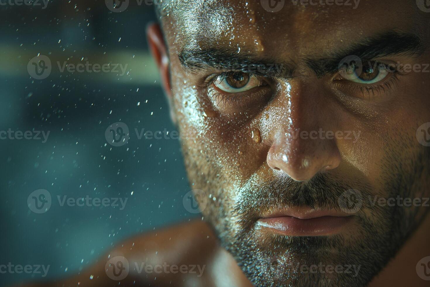 Intense close-up of a muscular male with wet skin, capturing a moment of determination and strength amidst a dramatic backdrop. photo
