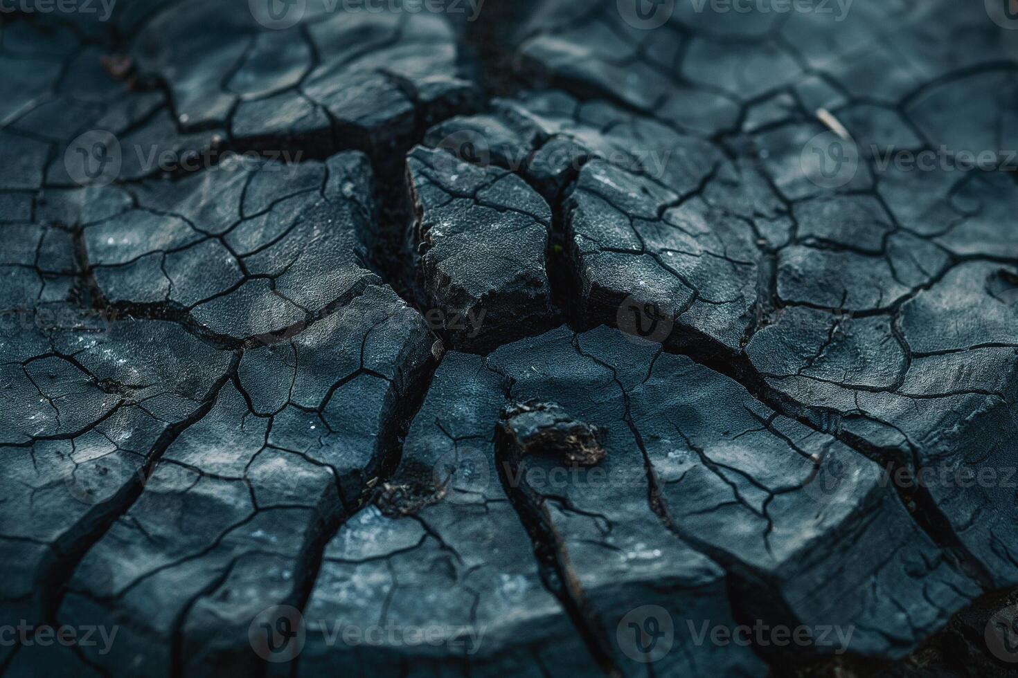 A close-up view of a charred tree stump showcasing intricate textures and cracks. photo