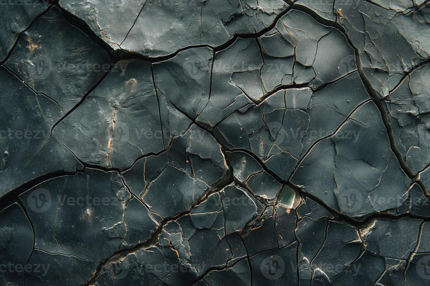 Close-up of cracked black surface, showcasing intricate textures and contrasts. photo