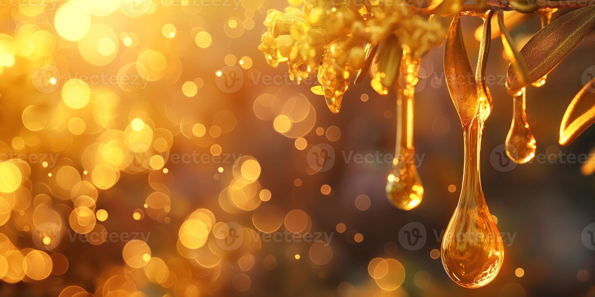 Golden droplets glisten in the sunlight, creating a warm and magical atmosphere. photo