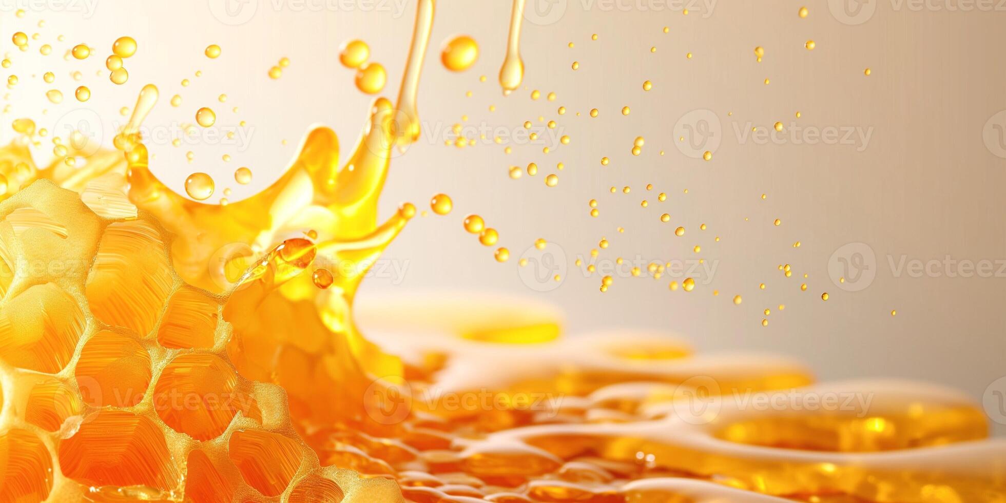 Close-up of golden honey splashing over honeycomb, showcasing a vibrant and glossy texture. photo