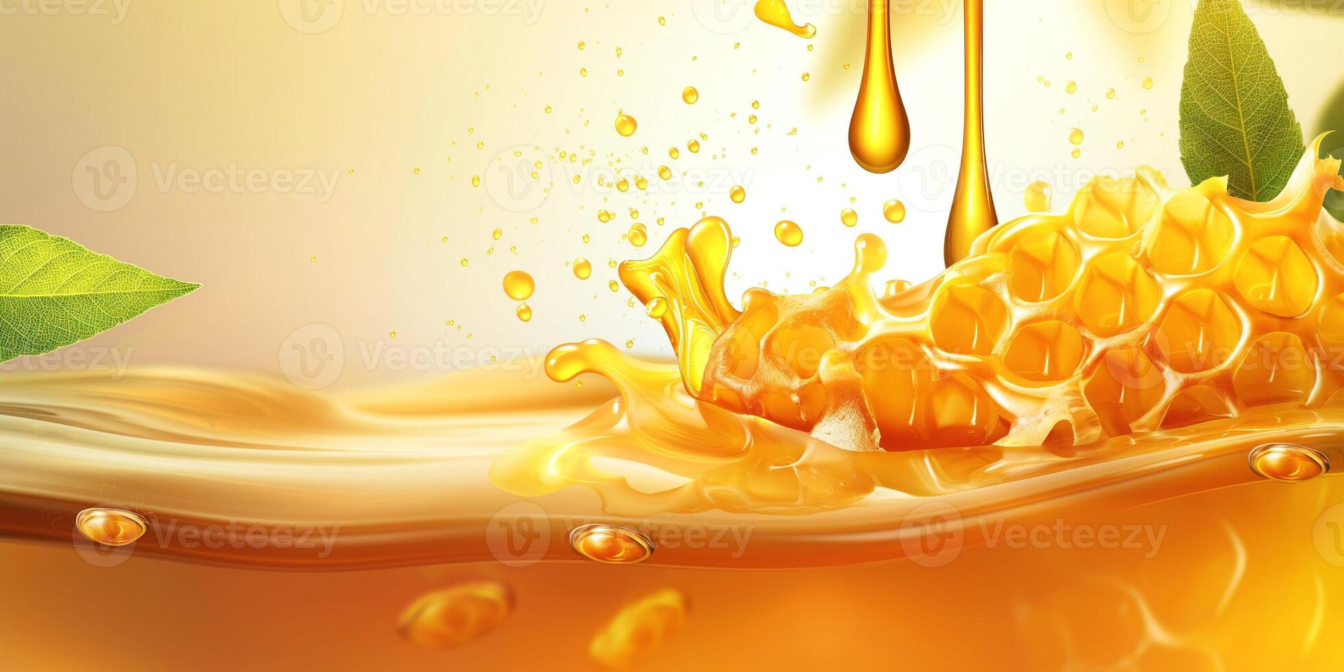 Glorious golden honey cascading with fresh honeycomb, evoking a sense of natural sweetness and freshness. photo