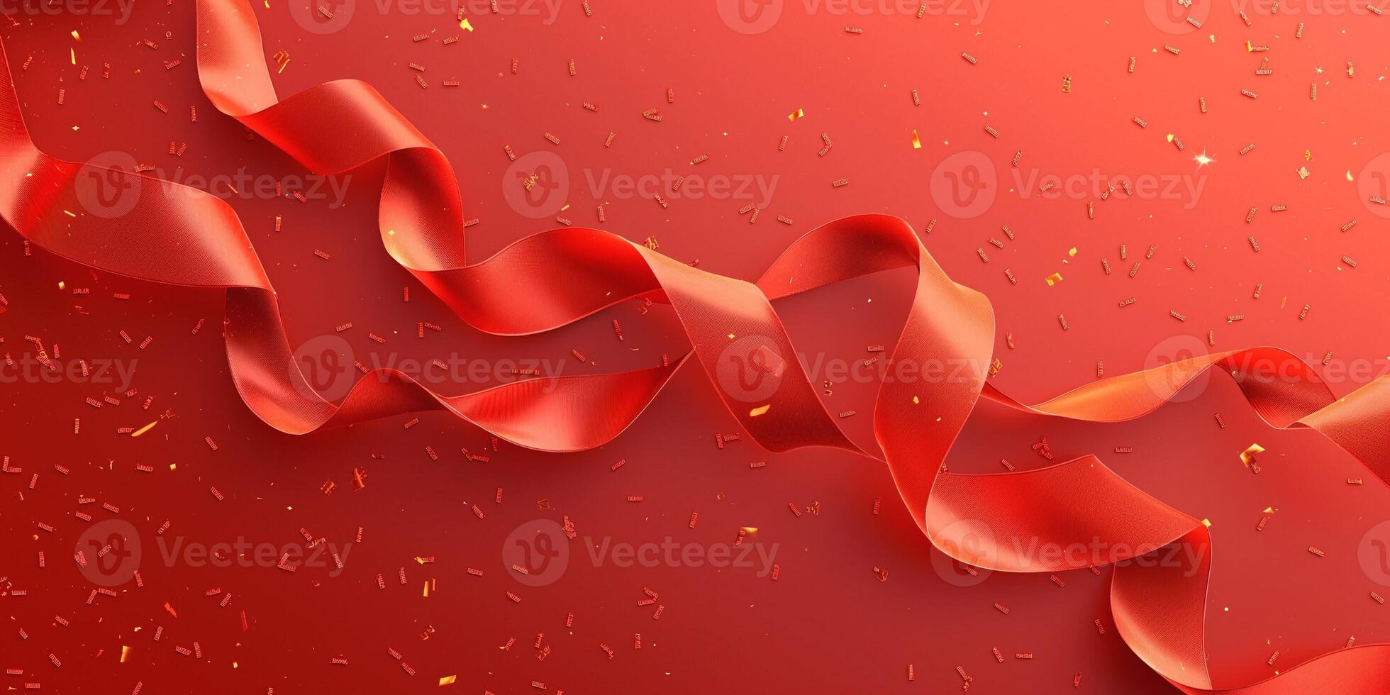 Elegant red ribbons swirl elegantly over a vibrant red background, creating a festive atmosphere. photo