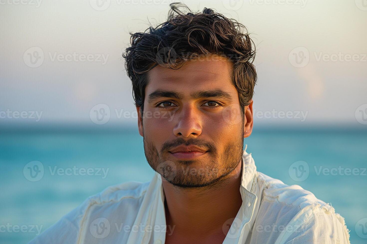 A young Hispanic man gazes confidently at the camera, framed by a serene beach and clear blue waters. photo